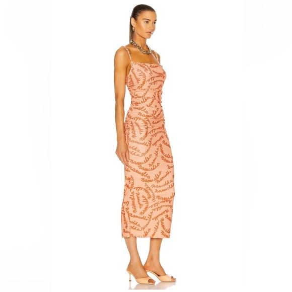 Nanushka Alexa Maxi Dress Orange Peach Logo Print Large Cinched Ruched Bodycon - Picture 2 of 16